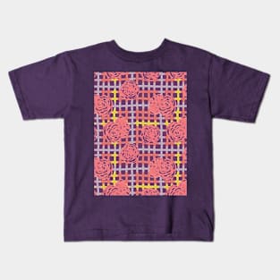 Roses on Plaid Pattern - Purple Kids T-Shirt